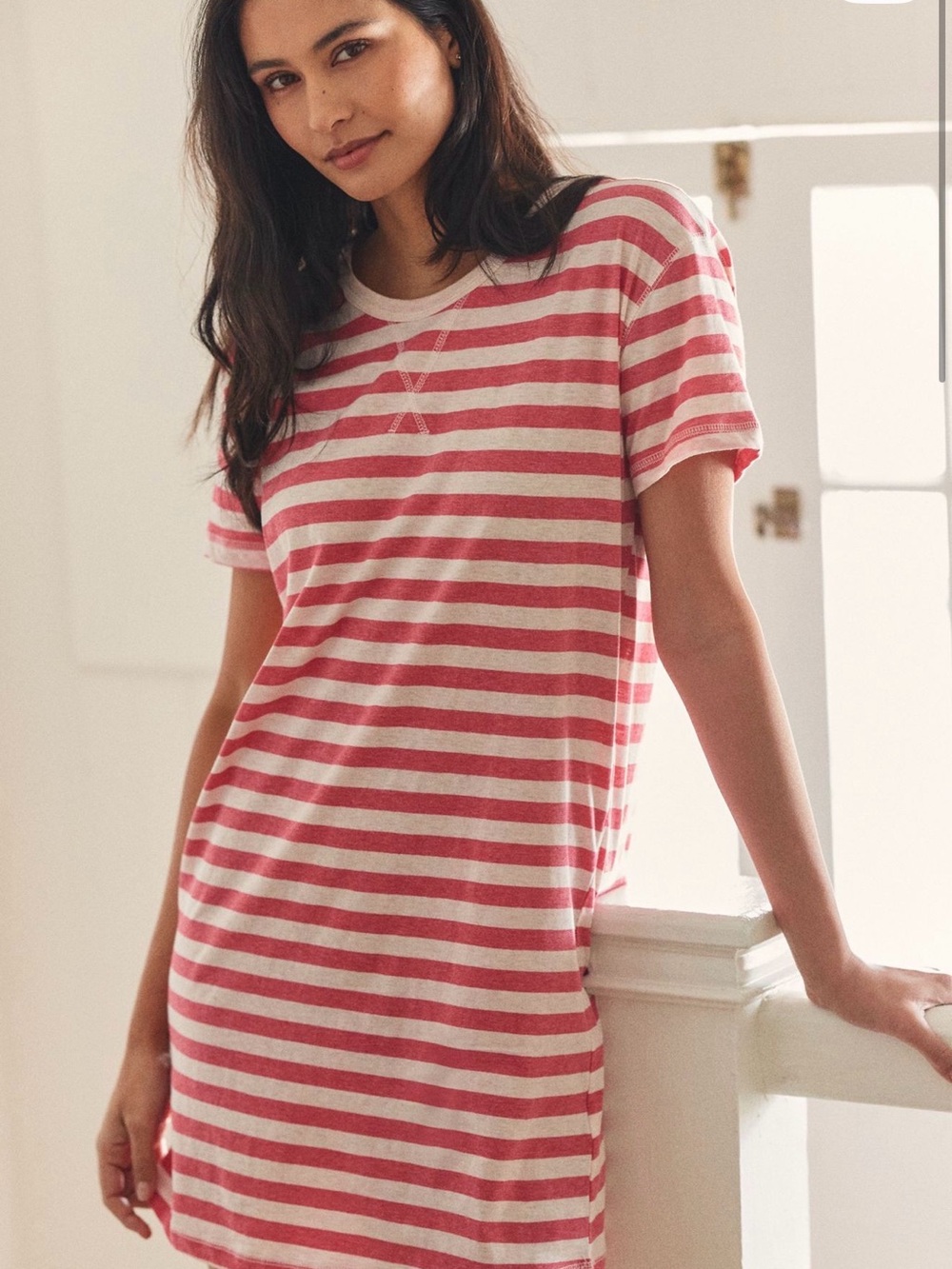Striped Short-Sleeve Nightshirt in Pink & White